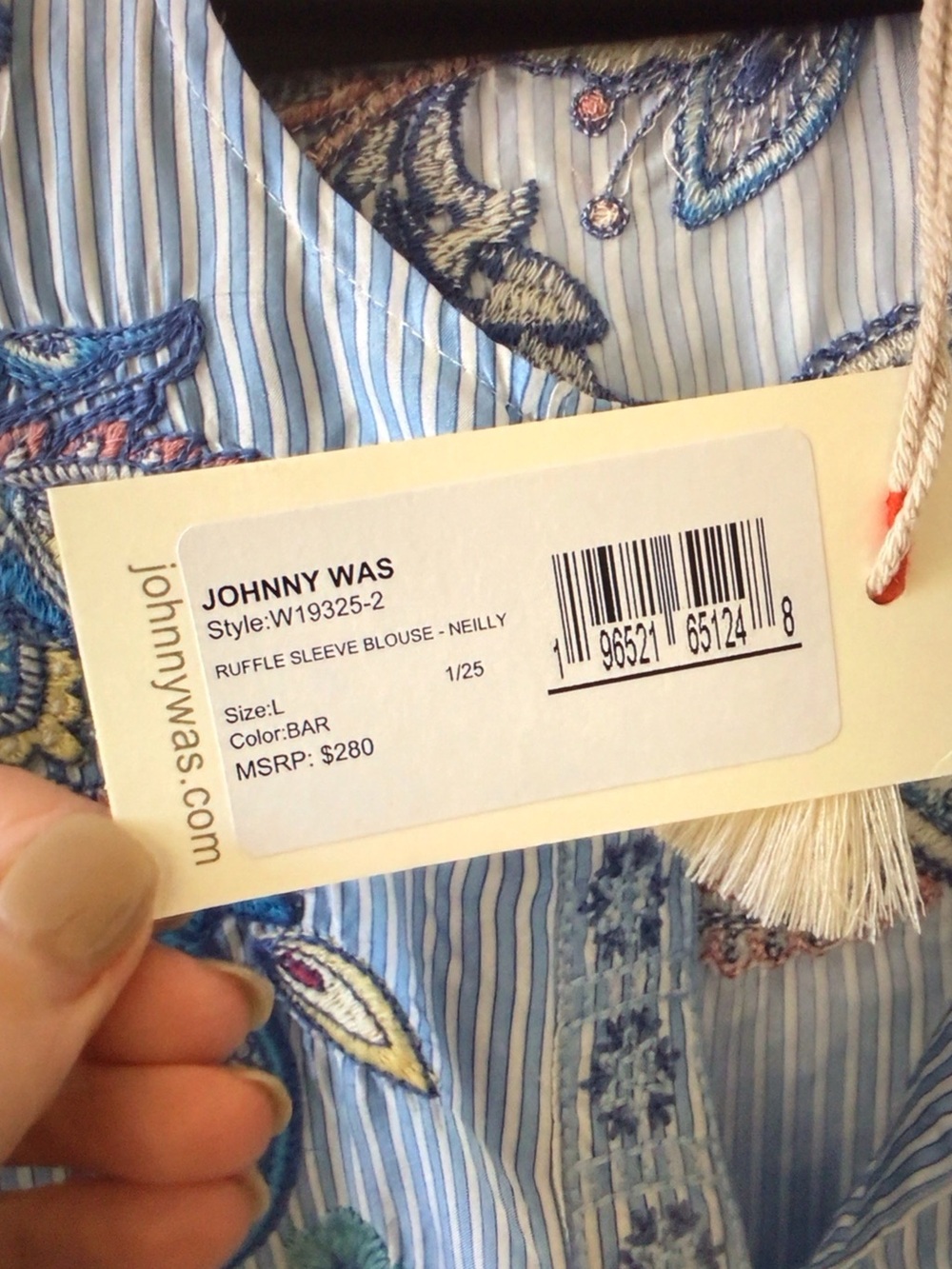 Johnny Was Light Blue Striped Embroidered Paisley V-Neck Tunic - Picture 3 of 8